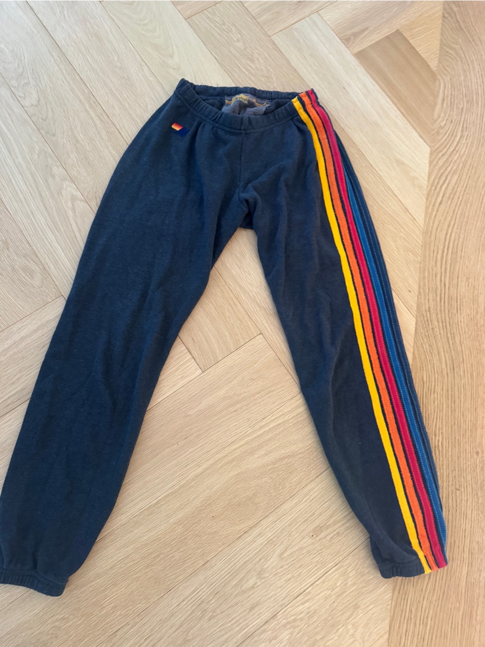 Aviator Nation Navy Sweatpants with Yellow, Red & Blue Side Stripes